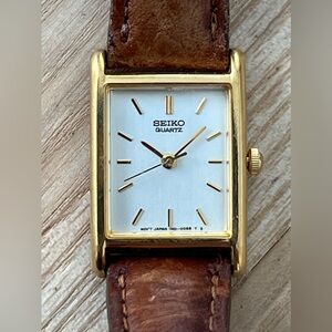 Seiko Vintage Ladies Tank Watch Stainless Dial Gold Case Brown Leather Strap